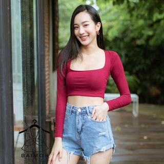 เสื้อครอป คอเหลี่ยมแขนยาวผ้าเรย่อนใส่สบาย