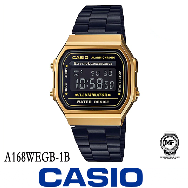 นาฬิกาผู้หญิง Casio รุ่น A-168WEGB-1B สายสีดำ หน้าปัดขอบสีทอง ประกันศุนย์ เซ็นทรัลCMG1 ปี จากร้านM&amp;F888 B