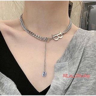 สร้อยคอโซ่ แบบสั้น สีเงิน จี้B แนวเรียบเท่