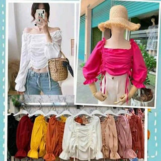 🚚พร้อมส่ง8สี🚚เสื้อครอปรูดข้าง