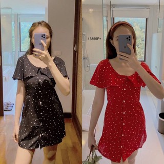 👗Pfashion [ส่งไว!!🚛] P13855 เดรสไหล่ระบายแขนกุดลายหัวใจ