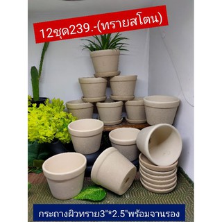 กระถาง3"*2.5"ผิวทรายธรรมชาติ12ชุดพร้อมจานรอง