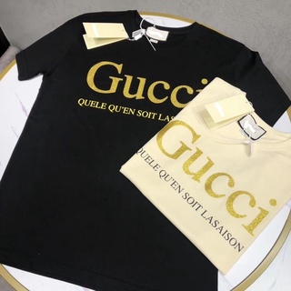 เสื้อยืดโอเวอร์ไซส์เสื้อยืดแขนสั้น คอกลม ผ้าฝ้าย พิมพ์ลาย G u c ciS-3XL