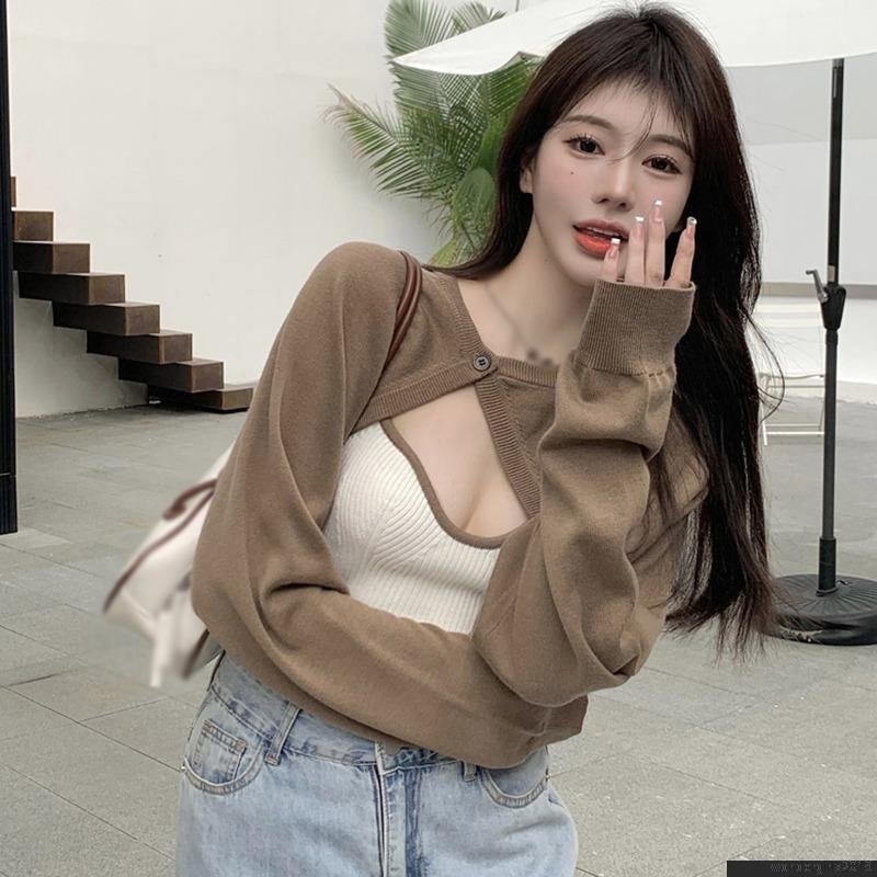 ผ้าคลุมไหล่ ผ้าถักคาร์ดิแกนเซ็กซี่ ขนาดเล็ก สีคอนทราสต์ สไตล์เกาหลี