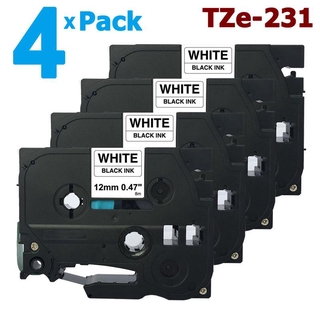 [สต็อกประเทศไทย]4 Pack 12mm Tze231 Black on White Label Tape for Brother PTouch  8M Length TZe-231 Tze 231 Compatible wi