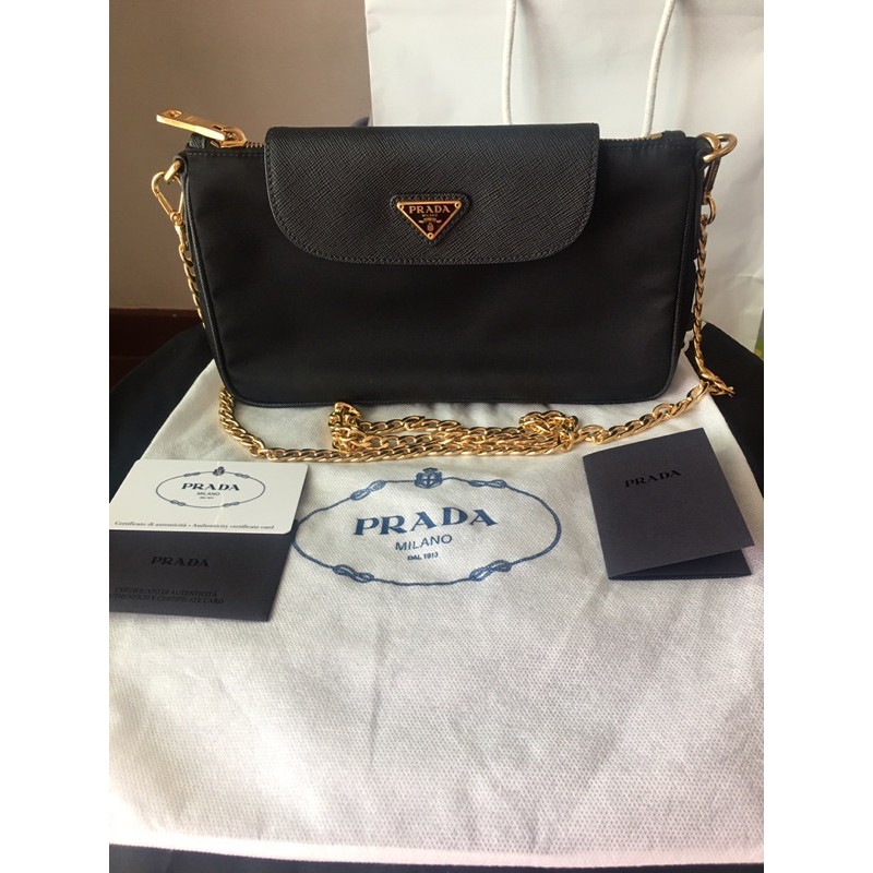 (Used) PRADA Black Women's Tessuto Saffiano Nylon Chain Cross Body Bag
