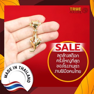 พร้อมส่ง True Jewelry เข็มกลัด งานไทย แมวสีทอง ประดับเพชร พลอย คริสตัล สำหรับติดเสื้อ ติดผ้าพันคอ