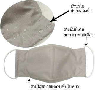 หน้ากากผ้านาโน กันละอองน้ำ ผ้าปิดปาก ปิดจมูก สีเทา สายคล้องหูหนานุ่มพิเศษลดการบาดหู