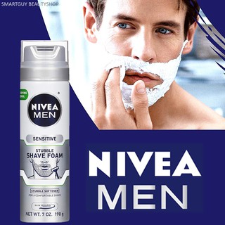 Nivea Men Sensitive Skin &amp; Stubble Shave Foam Beard Softener For Men 198g โฟมโกนหนวดนุ่มละมุนสูตรพิเศษสำหรับผิวแพ้ง่าย