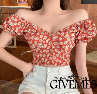 Giveme - เสื้อครอปคอวีลึกแขนสั้นพิมพ์ลายดอกไม้สําหรับผู้หญิง