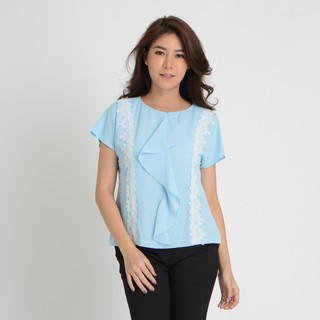 GSP BLOUSE เสื้อจีเอสพี เสื้อไม่มีปก แขนสั้น แต่งระบายด้านหน้า (SL1HSB)