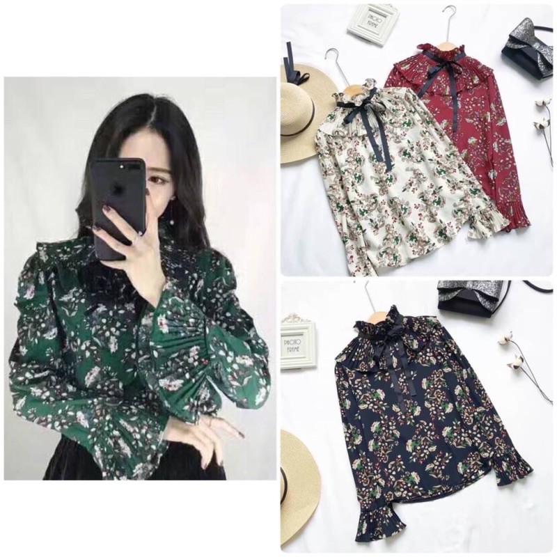 เสื้อคอจีบ แขนยาว ดีเทลอยู่ที่คอเสื้ออัดพลีทรอบคอพร้อมริบบิ้นสีดำผูกเป็นโบว์ น่ารักมาก ยังไม่พอ ข้อมูลอัดพลีทเป็นกระดิ่ง