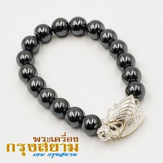 สร้อยข้อมือ จี้แมลงภู่คำหลวง สีเงิน + แร่เฮมาไทต์ หินเฮมาไทต์ ขนาด 10 มิล Hematite กำไลหินสี กำไลหินนำโชค แมลงภู่คำ