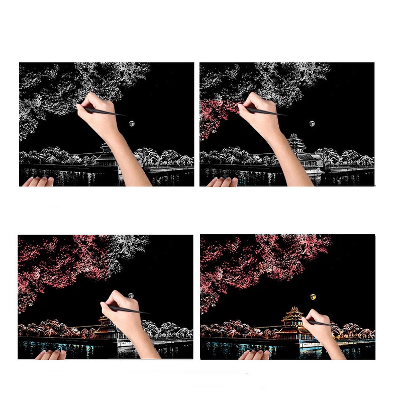 (1 ชุดได้ทั้ง 4 ภาพเลยค่า) ฟรีแท่งไม้ขูดทุกชุด ศิลปะขูด Magic Scratch Art ขนาด A4 แผ่นขูดภาพภาพวิวระบายสีต่างประเทศ - รูปที่ 3