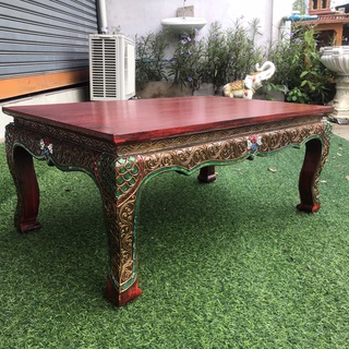 โต๊ะไม้ ขาสิงห์ ขนาด 50x80x34 cm.สีดำแดง เดินเส้นปิดทองรมดำ แบบ Antique ประดับกระจกสี สไตล์ล้านนา ถวายวัด ทำบุญ