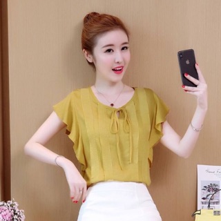 เสื้อเกาหลีแขนระบาย สีเหลือง ฟรีไซส์อกได้ถึง 40”
