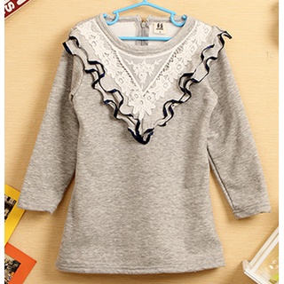 เสื้อแขนยาวบุขน พร้อมส่ง อุ่นๆ กำลังดี ผ้านุ่มแต่งระบายที่อกน่ารักๆ กันหนาวเด็ก เสื้อแขนยาว