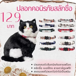 ปลอกคอแมว ลายสก๊อต ปลอกคอนิรภัยแมวสลักชื่อ เบอร์โทรฟรี🪄