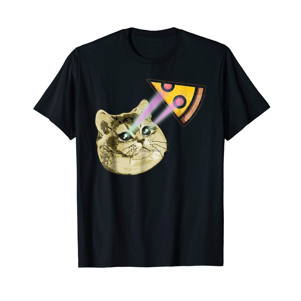 Gildan เสื้อยืด ผ้าฝ้ายแท้ พิมพ์ลายแมว Meme Laser Eyesพิซซ่า