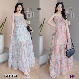 แม็กซี่เดรสสายเดี่ยวผูกไหล่พิมลาย MM17523 Printed one-shoulder strapless maxi dress