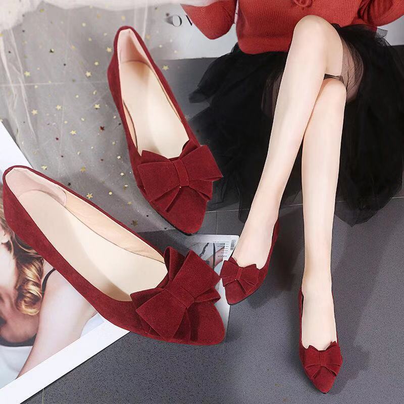 35-40 สุภาพสตรีรองเท้าส้นแบนสีแดงเวอร์ชั่นเกาหลีย้อนยุคหวานน่ารักโบว์ลำลองด้านล่างนุ่มขี้เกียจรองเท้าทำงาน
