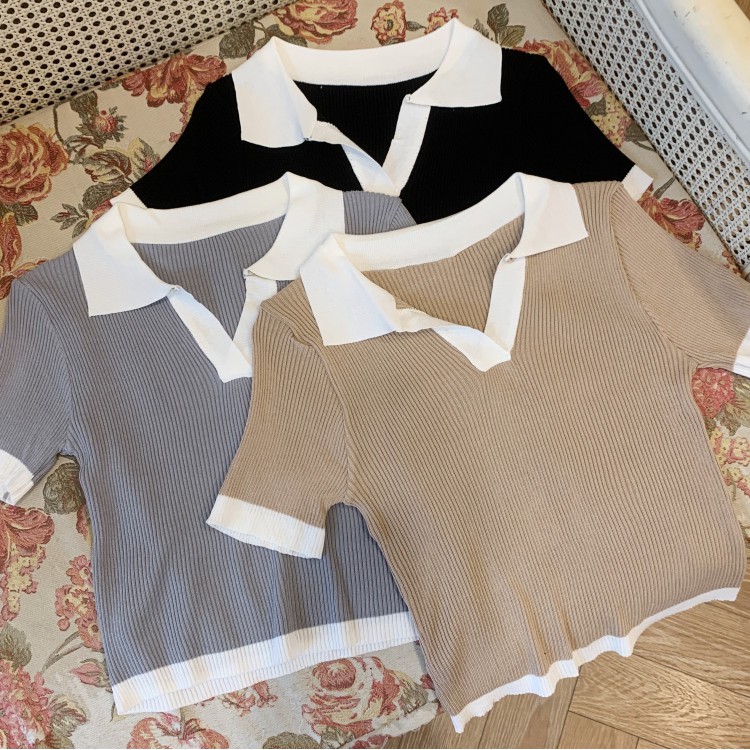 Cicishop(A510-1)เสื้อครอปคอปกผ้าไหมพรม แต่งขอบขาว ทรงแมทช์ง่ายใส่ได้กับทุกชุด