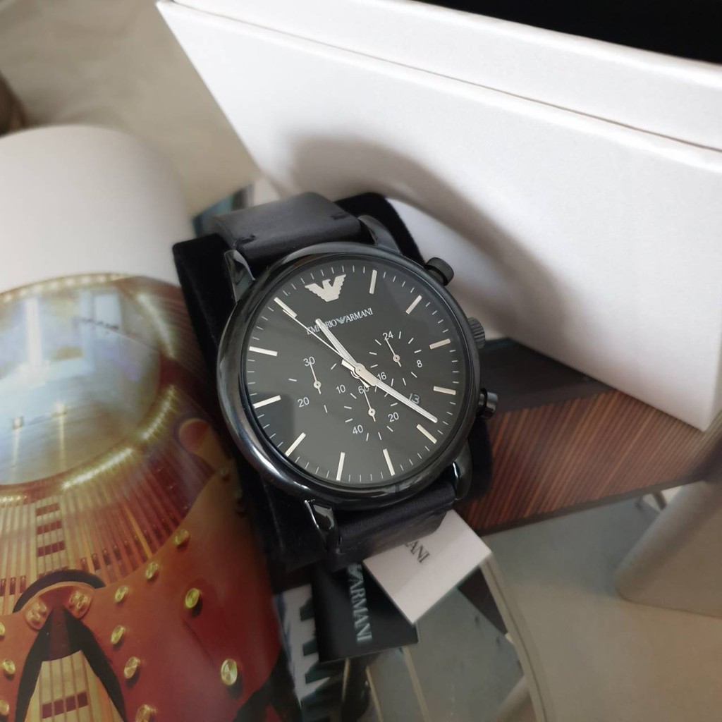 นาฬิกาอาร์มานี่ EMPORIO Armani Men's Dress Black Leather Watch เรือนแสตนเลสสีดำ ปัด 46 mm สายหนังแท้สีดำ พร้อมส่งที่ไทย