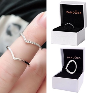 Pandora แหวนเงิน 925 ประดับเพชร เพทาย รูปตัว V สําหรับแฟนสาว