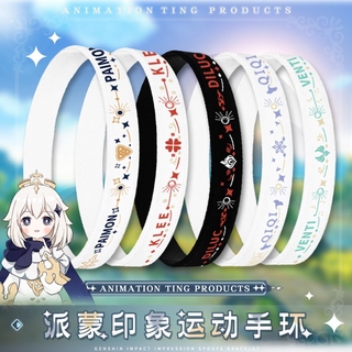 สายรัดข้อมือลายอะนิเมะ Anime Genshin Impact Traveler Paimon Venti Qiqi Keqing Bracelet Ring Student Liyue Harbor Silica Gel wristband Gifts Cosplay