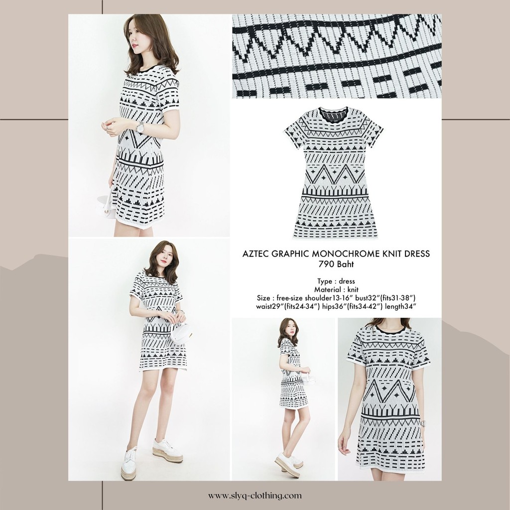 SLYQ 🥑 AZTEC GRAPHIC MONOCHROME KNIT DRESS เดรสไหมพรมถักลายกราฟฟิก ชุดเดรสผ้านิต