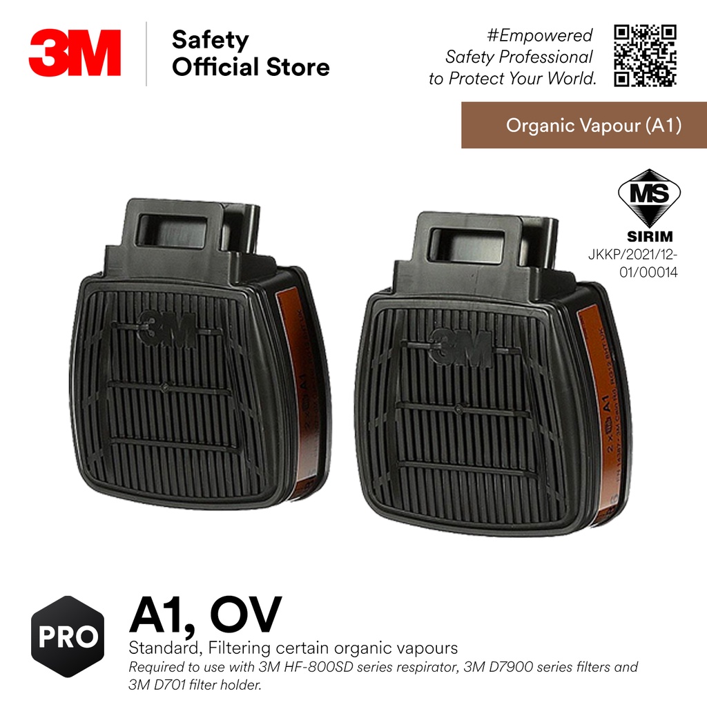 3MTM D8051 Secure Click Organic Vapor A1 Filters/ Cartridge สําหรับเครื่องช่วยหายใจ HF-800SD [1 คู่]