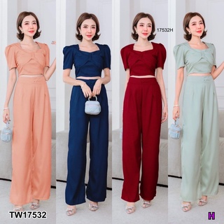 J17532 Set 2 ชิ้น เสื้อทรงครอป อกแต่งโบว์ + กางเกงขายาว Cropped top with bow tie + long pants