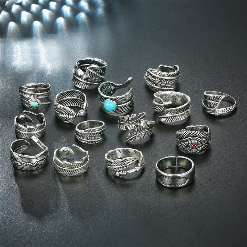 1pc Punk Vintage Silver Feather ใบเปิดแหวนชายเครื่องประดับผู้ชาย Gothic Rock Silver สีฟรีแหวน Anillo