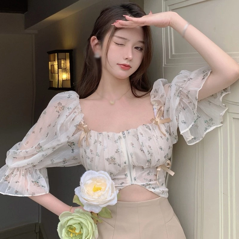 เสื้อครอปเชิ้ตแขนพอง ผ้าชีฟองลายดอกไม้ สไตล์เกาหลี thumbnail 4