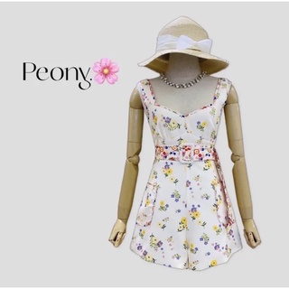 จั๊มสูทขาสั้นลายดอกสีครีมเหลือง+เข็มขัด งานป้าย Peony SizeL ***มือ1ป้ายห้อย