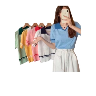 *😍Miki-Shop*พร้อมส่งเสื้อคอปก ไหมพรม เสื้อครอปคอปกA369*