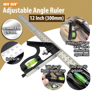 Arrow Stainless Steel Combination Square Ruler Level Gauge Angle Metric Ruler Adjustable Angle Ruler
