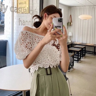 MM2803 Crochet Top เสื้อครอปงานถักโครเชต์ ใส่ได้ทั้งปิดไหล่หรือปาดไหล่ ทรงแขนตุ๊กตาน่ารักก