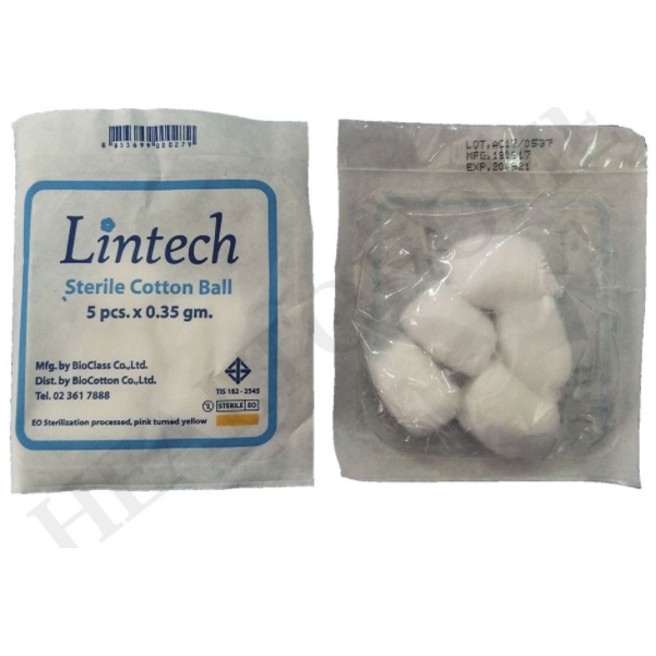 Lintech สำลีก้อน ปราศจากเชื้อ 0.35 กรัม บรรจุห่อละ 5 ชิ้น Cotton ball Sterile 0.35G (1 ห่อ)