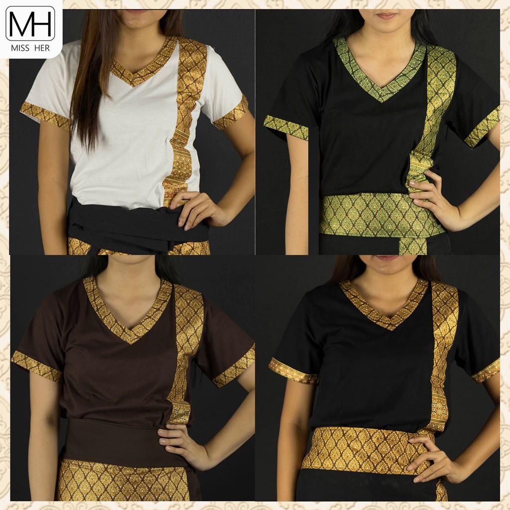 เสื้อยืดคอวีแต่งผ้าลายไทย แบบตรง [ชุดที่ 1]