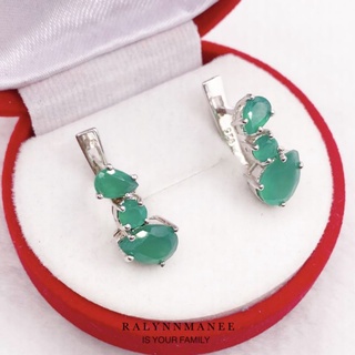 T6412 ต่างหูพลอยโมราแท้ ( Chrysoprase ) แบบอิงลิชล็อค ตัวเรือนเงินแท้ 925 ชุบทองคำขาว