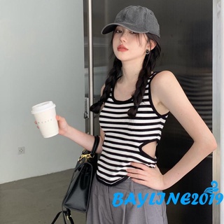 Bay- เสื้อครอปแขนกุด ผู้หญิง ลายทาง คอกลม กลวง เอวลอย เสื้อกล้าม ฤดูร้อน บาง