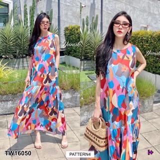 TW16050 Maxi Dress เดรสยาวแขนกุด คอกลม ซิปหลังใส่ง่ายชิลๆ เย็บต่อชายระบายสีสันสดใสสุดๆ เนื้อผ้าไหมคอตตอล