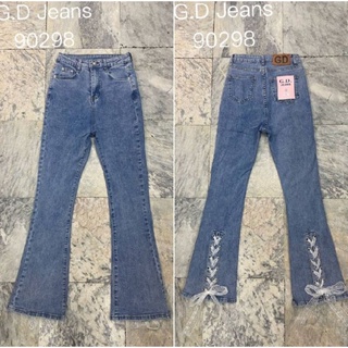 G.D.Jeans รุ่น 90298#กางเกงยีนส์แฟชั่นผ้ายืดเอวสูงทรงขาม้าฟอกสีสโนดีไซร์ตาไก่ผ่าหลังปลายขาแบบสุดเก๋