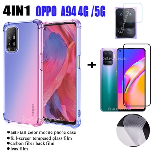 (4IN1) Phone case For OPPO A94 4G A 94 5G four-corner drop-proof phone case + tempered glass film + carbon fiber back film + lens film