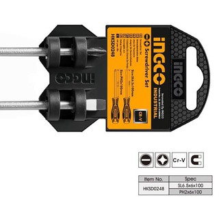 INGCO ชุดไขควง ปากแบน + ปากแฉก แกนกลม ขนาด 5 นิ้ว 2 ตัวชุด รุ่น HKSD0248 ( Screwdriver Set ) / ไขควงชุด