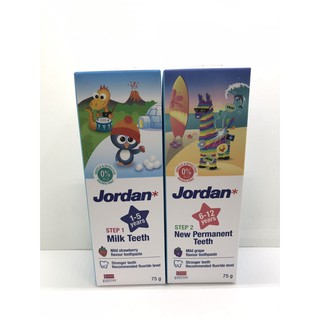 ยาสีฟันJordan จอร์แดน ยาสีฟันเด็กขนาด 75 กรัม Fluoride 500 PPM (มีตัวเลือกช่วงอายุ)