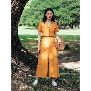 Mustard Cotton Linen Wide Crop Pants กางเกงขากว้างคอตตอนลินิน สีเหลืองมัสตาร์ด