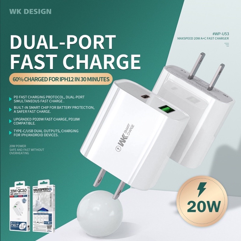 WK Design WP-U53 หัวชาร์จเร็ว 20W และ QC3.0 มีTypeC และUSB