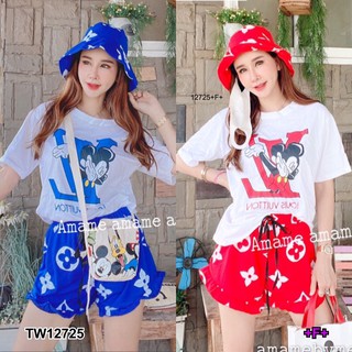 PP12725 Set 2 ชิ้น เสื้อยืดแขนสั้นสกรีนการ์ตูน + กางเกงกราฟฟิกขาสั้น + หมวก Bucket